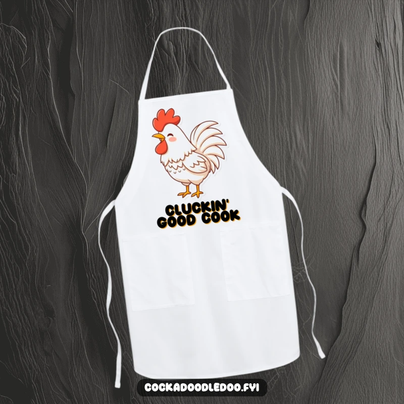 Funny Rooster Apron with a character, fluffy tail feathers shaking with laughter, ideal for kitchen fun.