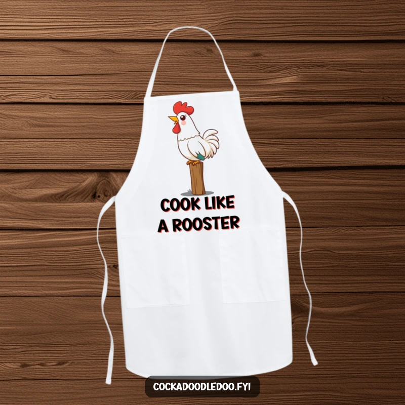 Funny Kawaii rooster apron showing a cute rooster perched on a fence, head thrown back joyfully crowing, perfect for a bold kitchen.