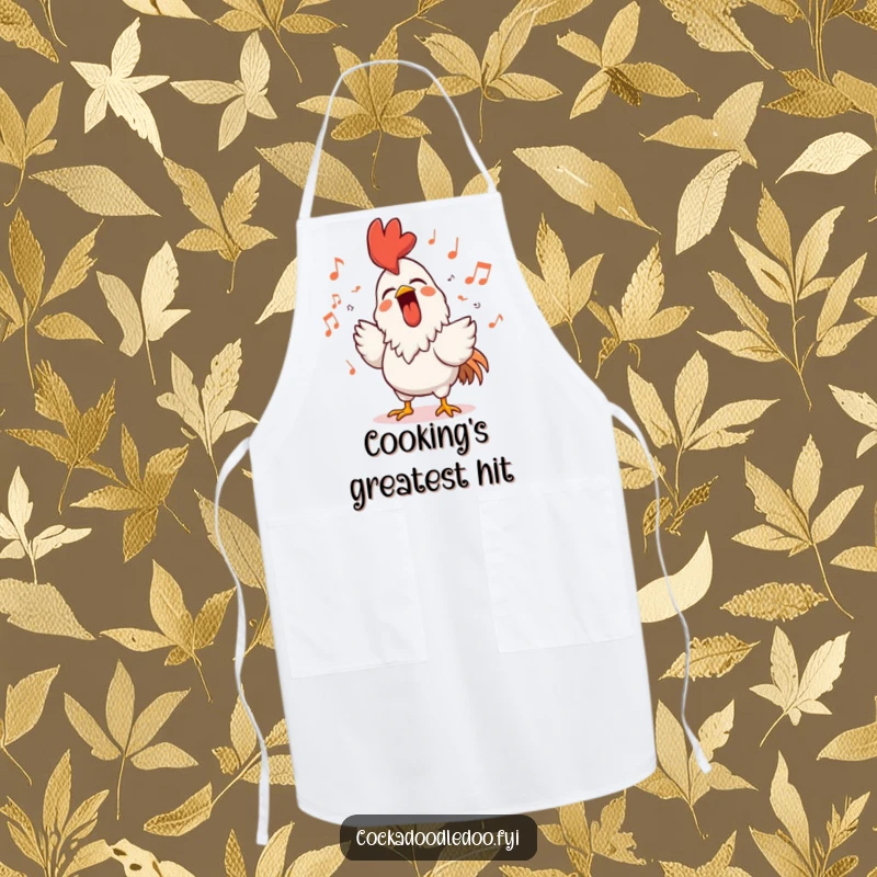 Funny rooster apron showing a character singing loudly with a beaming smile, surrounded by musical notes, perfect for adding musical fun to the kitchen.