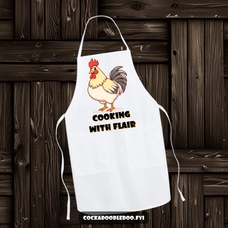 Funny apron featuring a rooster happily strutting with its chest puffed out, perfect for a confident cook who loves to command the kitchen.
