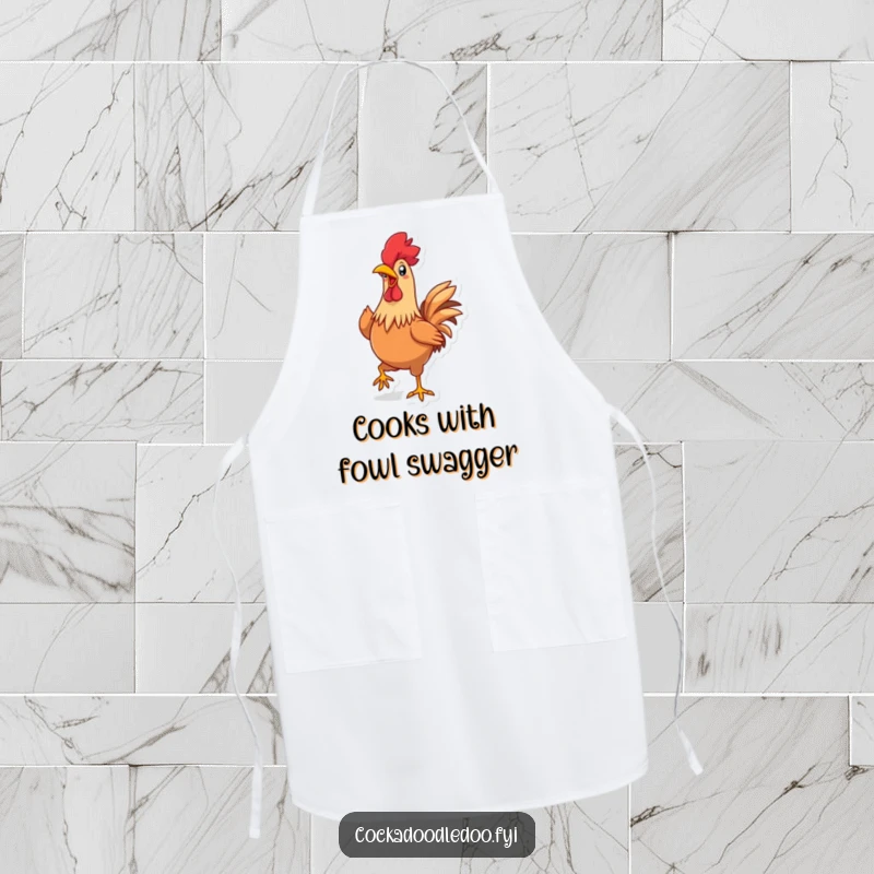 Funny Kawaii Rooster Apron: Cute rooster character strutting proudly, beak open wide, designed for humorous protection in the kitchen.