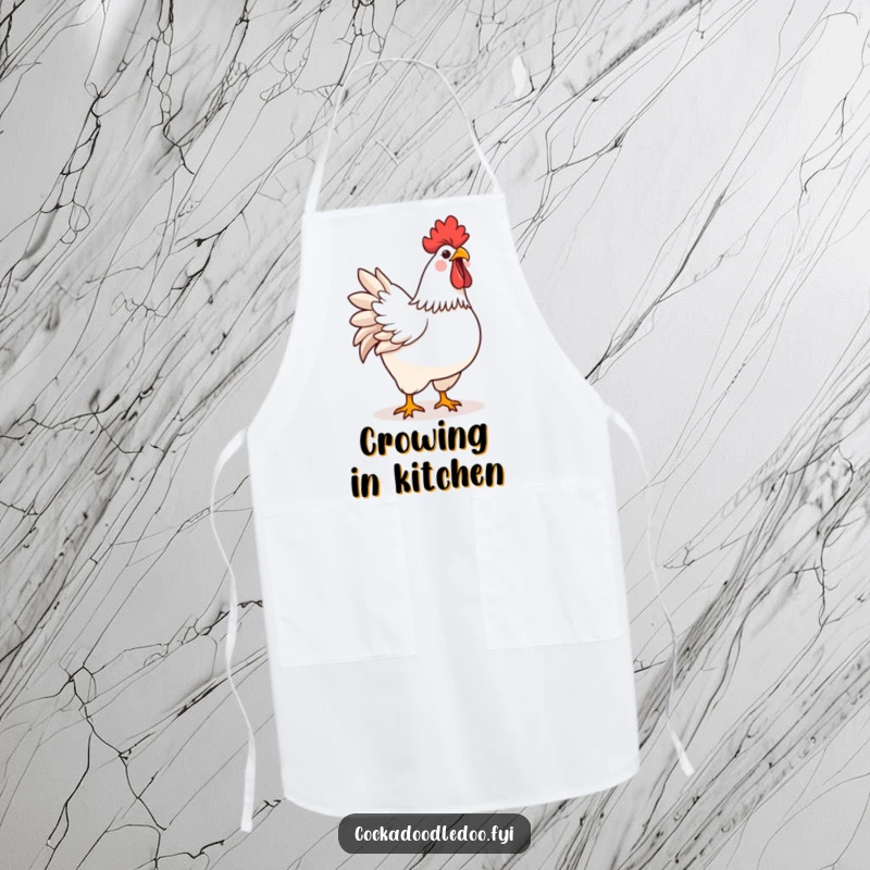 Humorous kitchen apron showcasing a funny kawaii rooster proudly crowing with its chest puffed out.