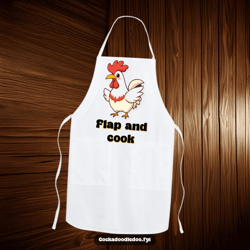 Funny Rooster Apron, showing wide cheerful beak and flapping wings happily, ideal for cooking.