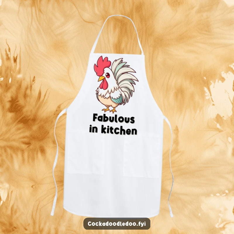 Funny apron featuring a glamorous rooster with a feathered boa, looking amused, perfect for kitchen tasks with flair.