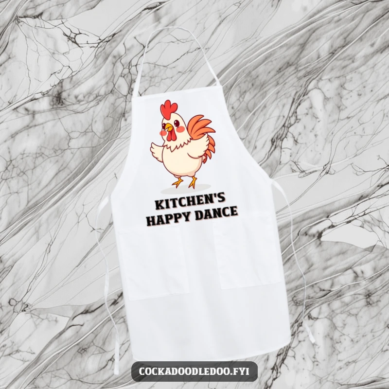 Funny happy rooster with rosy cheeks doing a little jig on a functional apron, adding cheerful fun to kitchen activities.