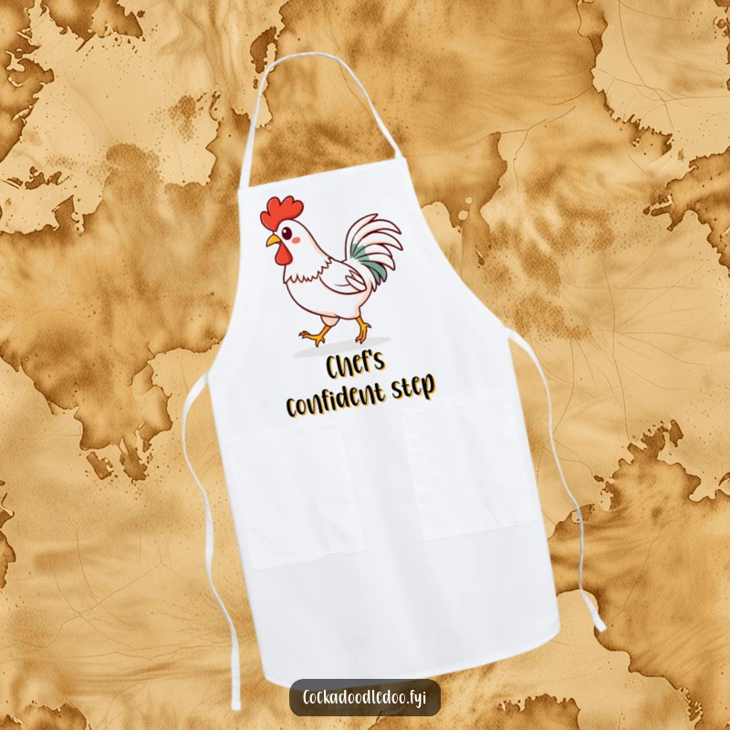 Funny Kawaii rooster apron showing a happy character strutting confidently with a spring in its step. Functional and cheerful.