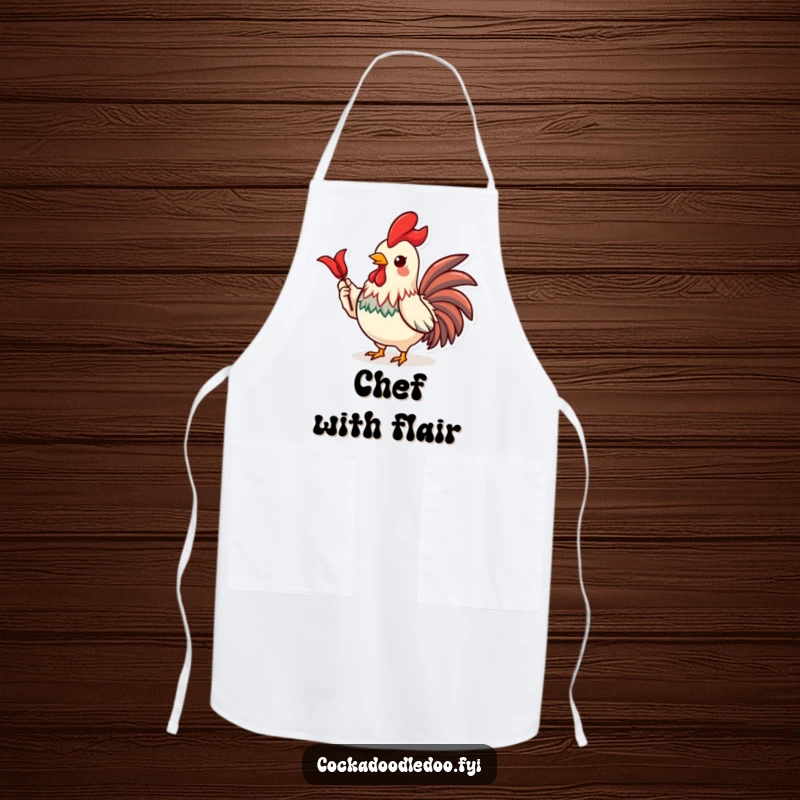 Funny kitchen apron featuring a proud Kawaii rooster character displaying a shiny red feather with confidence.