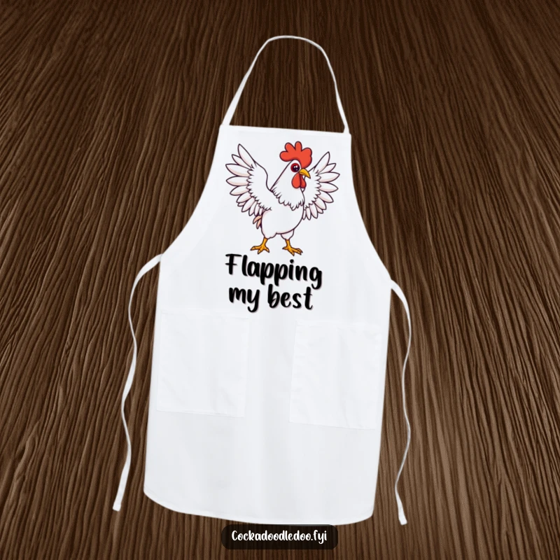 Funny Kawaii rooster apron showcasing a determined character in a grand pose, wings stretched wide. Durable and stylish.