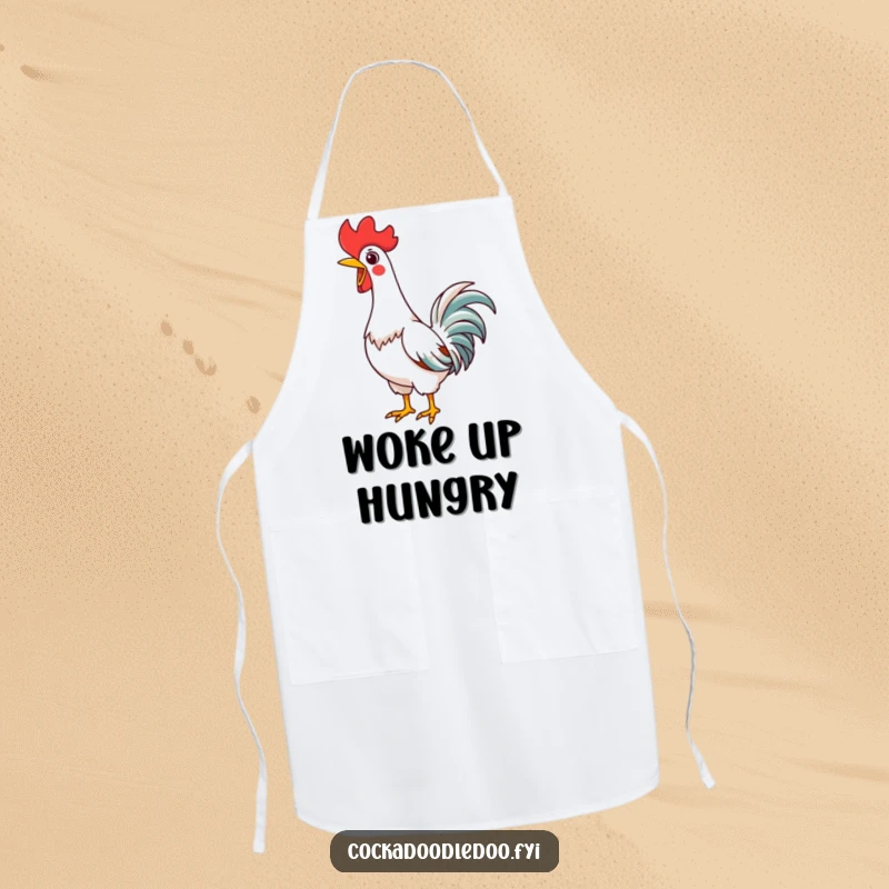 Funny Kawaii Rooster Apron, showing a happy rooster stretching its neck to crow, ideal for cooking.