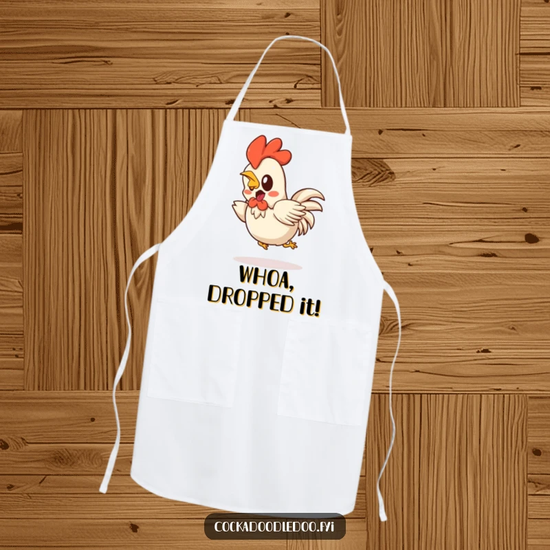 Funny Kawaii rooster apron showing a startled character hopping backwards comically. Functional and amusing.