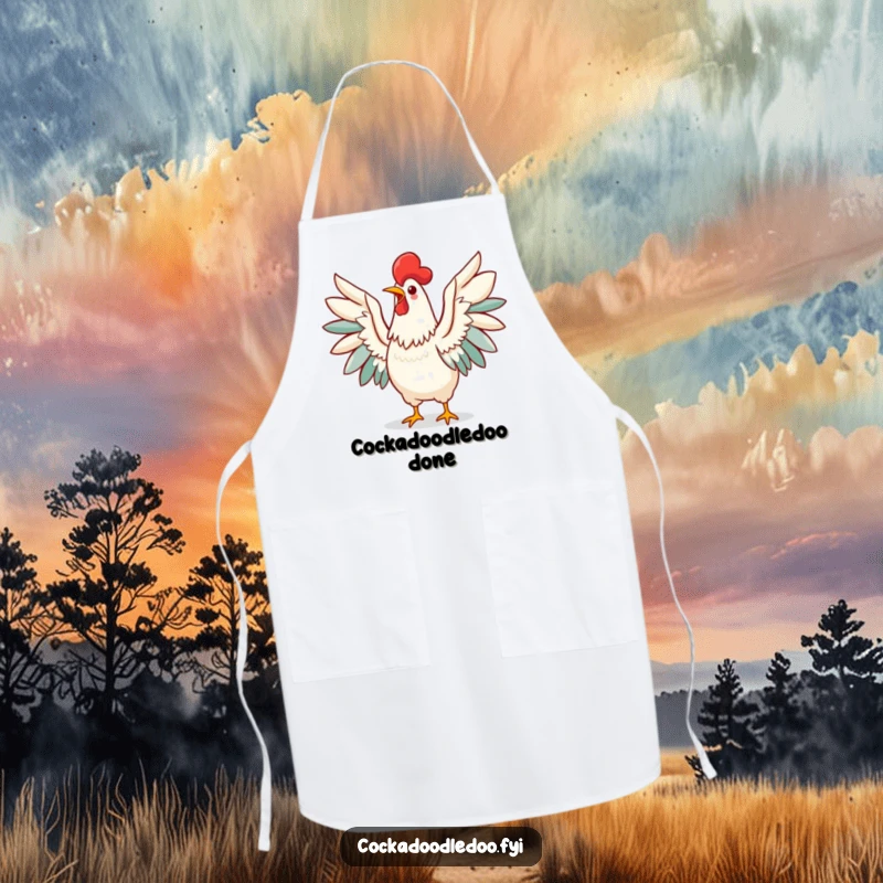 Funny Kawaii Rooster Apron showing a spirited bird with wings open, enthusiastically announcing breakfast time with a crow.