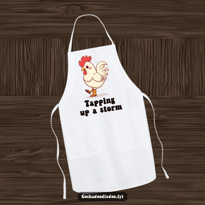 Funny Kawaii Rooster Boots Apron: Cute rooster character wearing tiny boots, rhythmically tapping its foot, designed for humorous and musical kitchen wear.