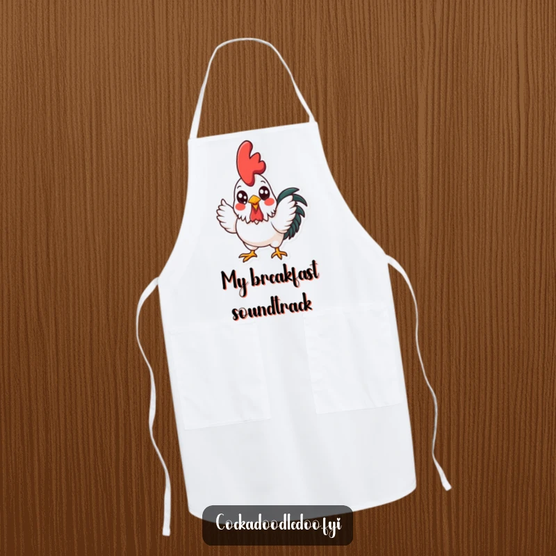 Funny kawaii rooster crowing energetically, adorning a functional apron, ideal for kitchen fun and cheerful cooking sessions.