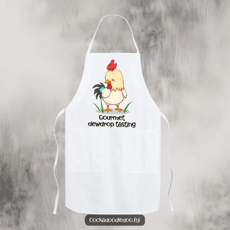 Funny playful rooster apron, pecking a dewdrop on grass. A charming and humorous kitchen accessory, ideal for chefs who love nature.