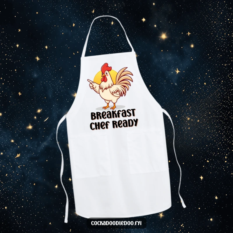 Funny rooster apron with an enthusiastic rooster pointing towards a sunrise, ideal for cooking.