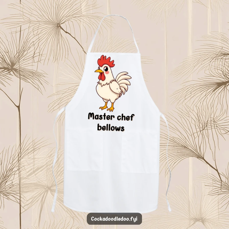 Funny rooster apron showing a proud rooster crowing loudly, chest puffed out, perfect for kitchen humor.
