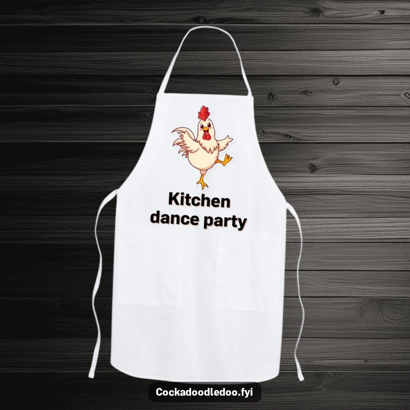Funny rooster apron showing a happy rooster joyfully kicking its legs in a dance, perfect for kitchen fun.
