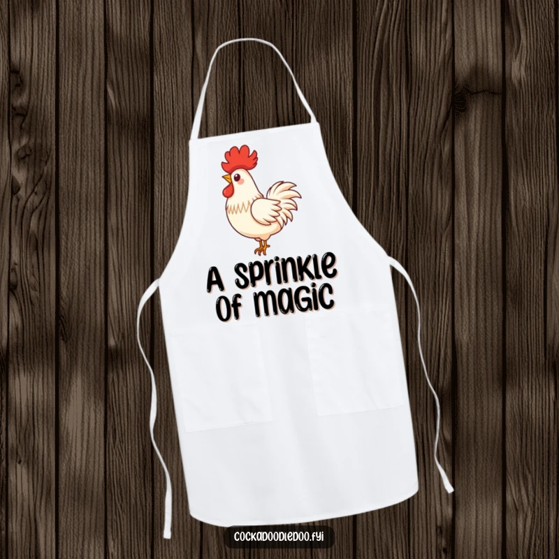 Funny apron showcasing a single, proud rooster feather in a playful swirl, floating down, adding whimsical charm.