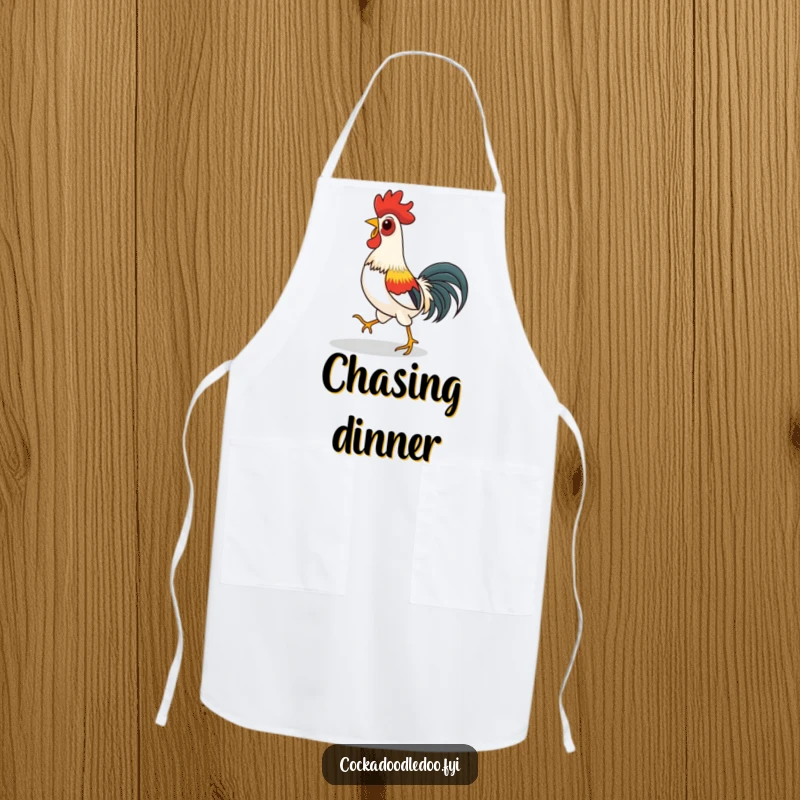 Funny apron featuring a rooster playfully chasing its shadow, perfect for adding humor to kitchen activities.