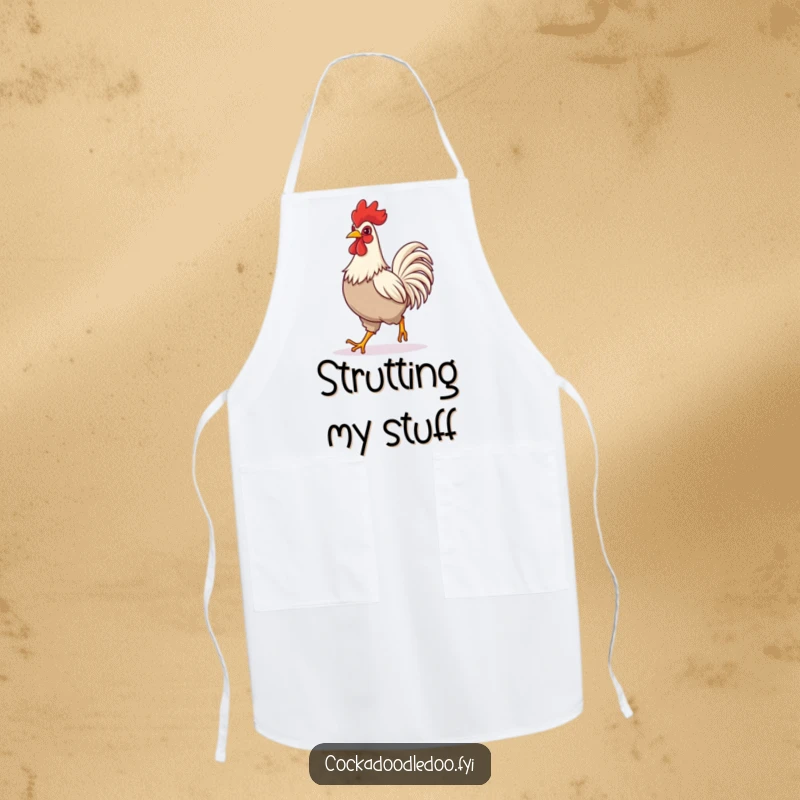 Funny apron with a rooster confidently striding, ideal for kitchen tasks and bringing a humorous spirit to cooking.