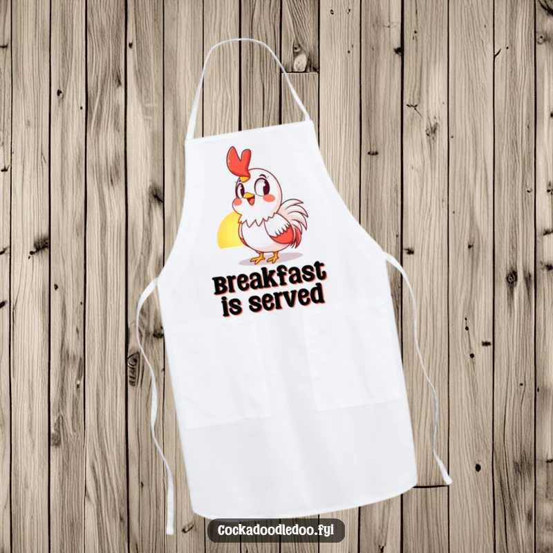 Funny Apron showing a rooster looking at the sunrise with wide eyes and a grin, perfect for a cheerful kitchen.