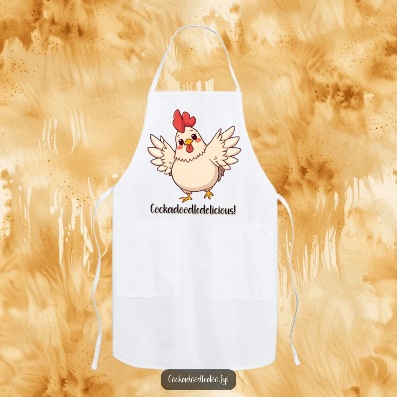 Funny apron featuring a plump, cute rooster with a cheerful expression stretching its wings wide during cooking.