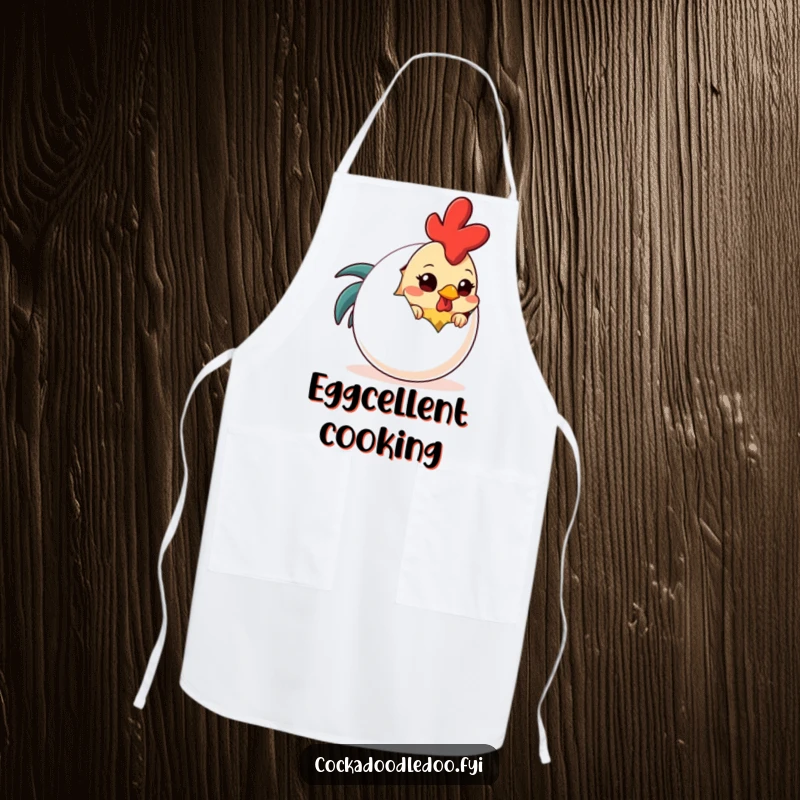 Funny Shy Rooster Egg Apron: A cute apron with a shy rooster peeking from behind a comically oversized egg.
