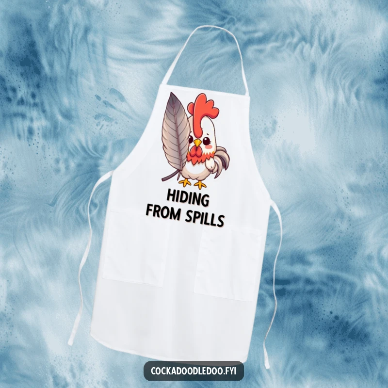 Funny peeking kawaii rooster apron showing a shy rooster peeking from behind a large feather, a cute funny kitchen gift.