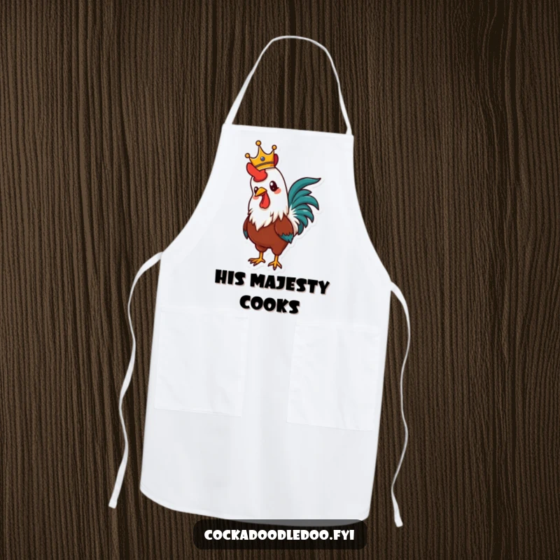 Funny apron featuring a proud rooster in a crown, crowing with immense pride, ideal for a chef who loves to rule the kitchen.