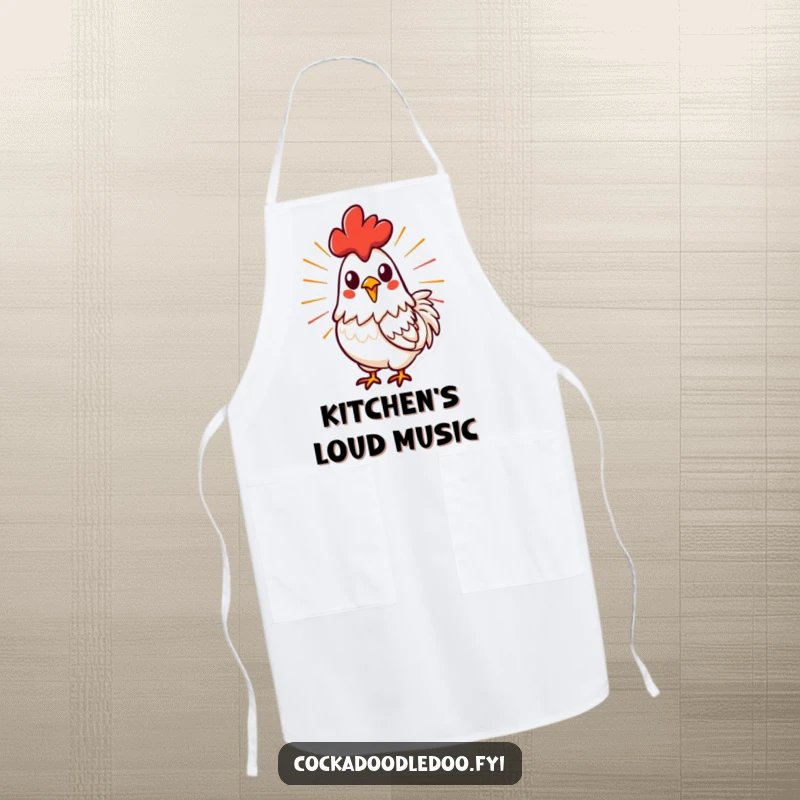 Funny, stylized rooster crowing with energetic lines on a functional apron, perfect for powerful and passionate cooking sessions.