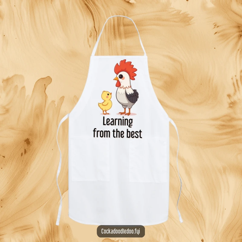 Funny rooster and chick design on a functional apron, perfect for heartwarming kitchen moments and gentle guidance.
