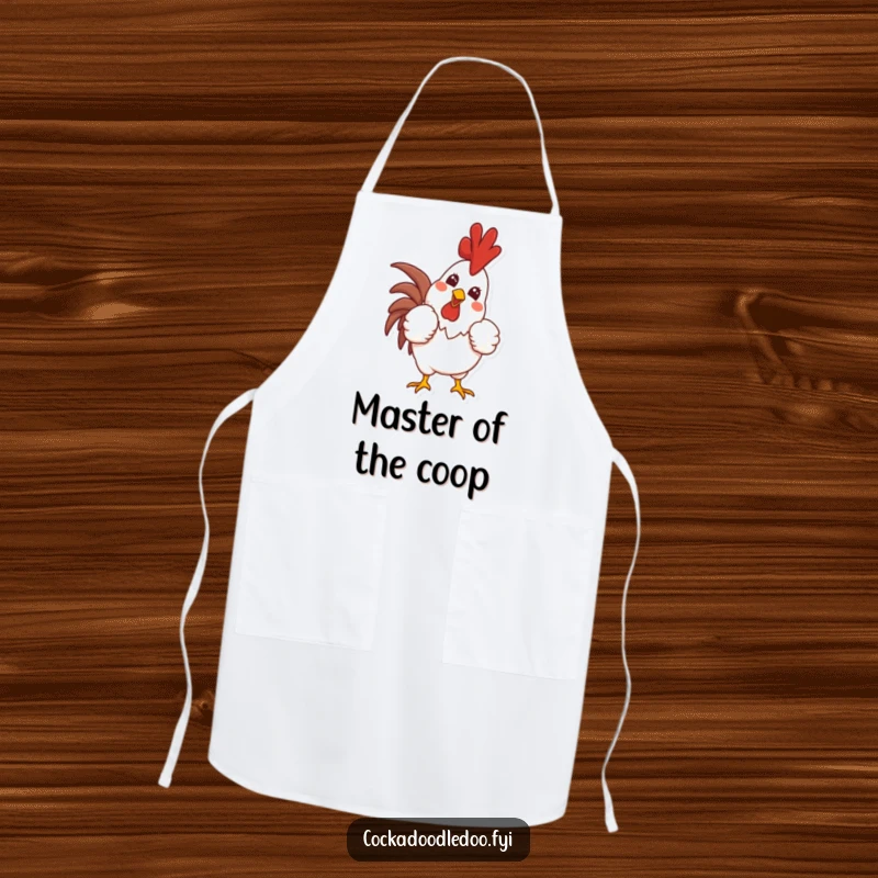 Funny apron featuring a proud rooster puffing out its chest and crowing with a wide, confident smile, adding humor to kitchen activities.