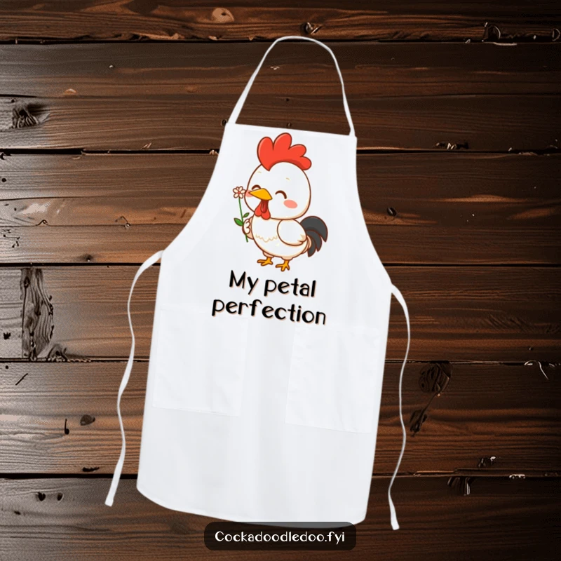 Funny Kawaii rooster apron displaying a cheerful character proudly holding a small flower while cooking. Functional and fun.