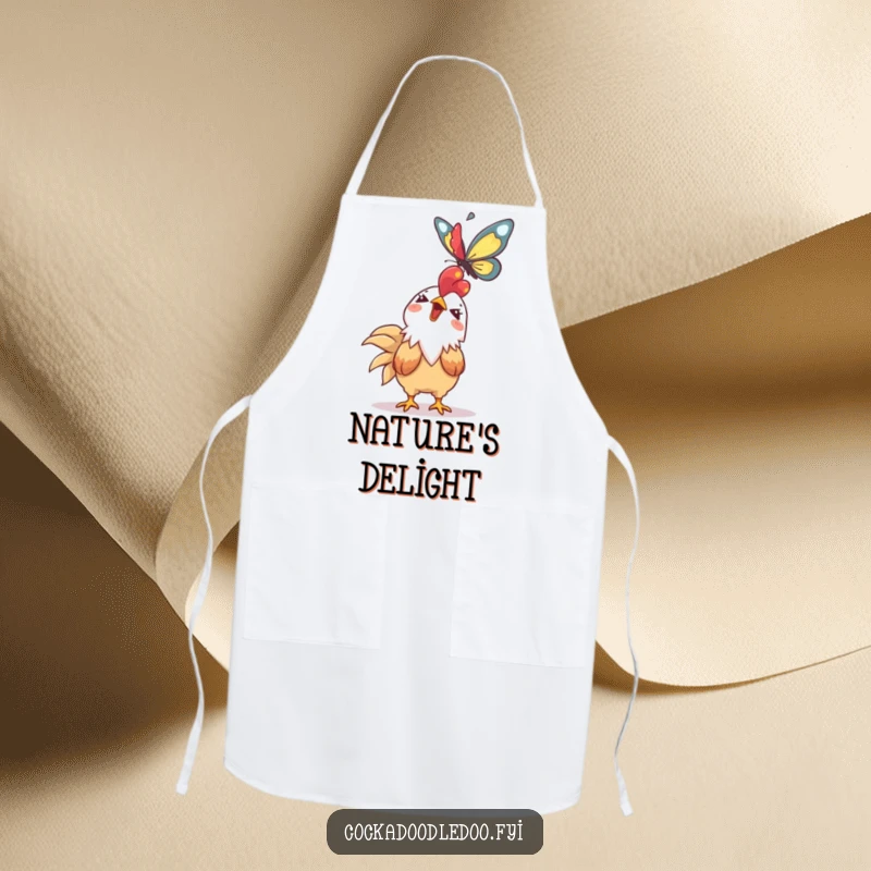 Funny Kawaii rooster apron showing a giggling character looking up at a soaring butterfly. Functional and whimsical.