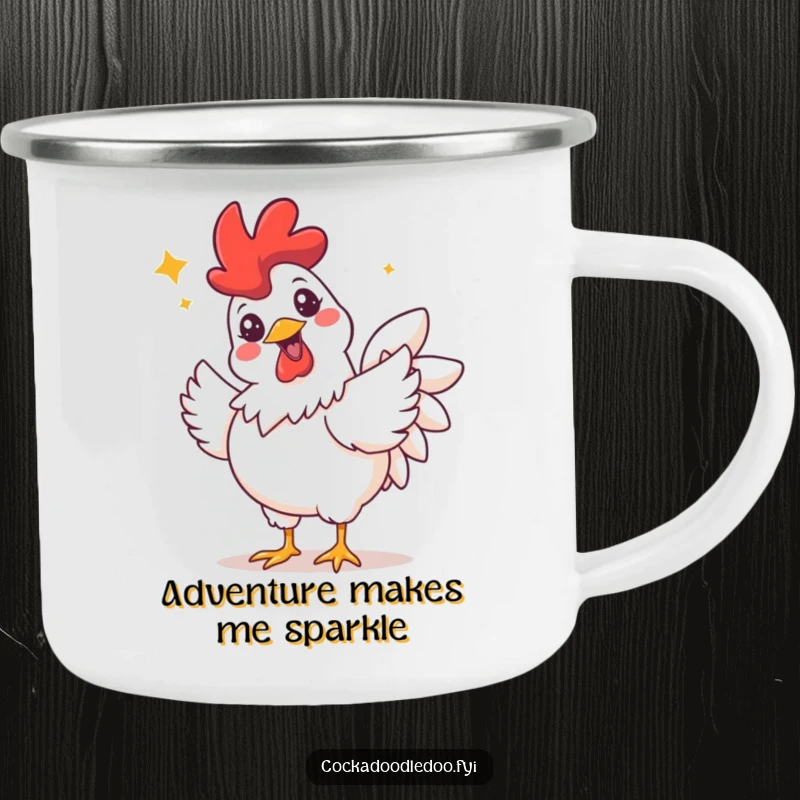 Funny camping mug showing a rooster with a wide grin and sparkling eyes, joyfully doing a celebratory flutter, for happy adventurers.