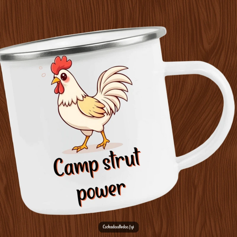 Funny Kawaii rooster camping mug featuring a cute rooster strutting proudly, puffs of air escaping its beak in a happy sound.