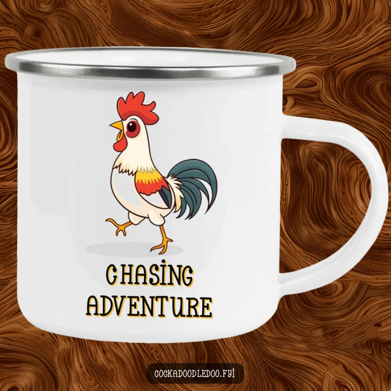 Funny camping mug with a rooster playfully chasing its shadow, designed for durability and adding humor to outdoor trips.