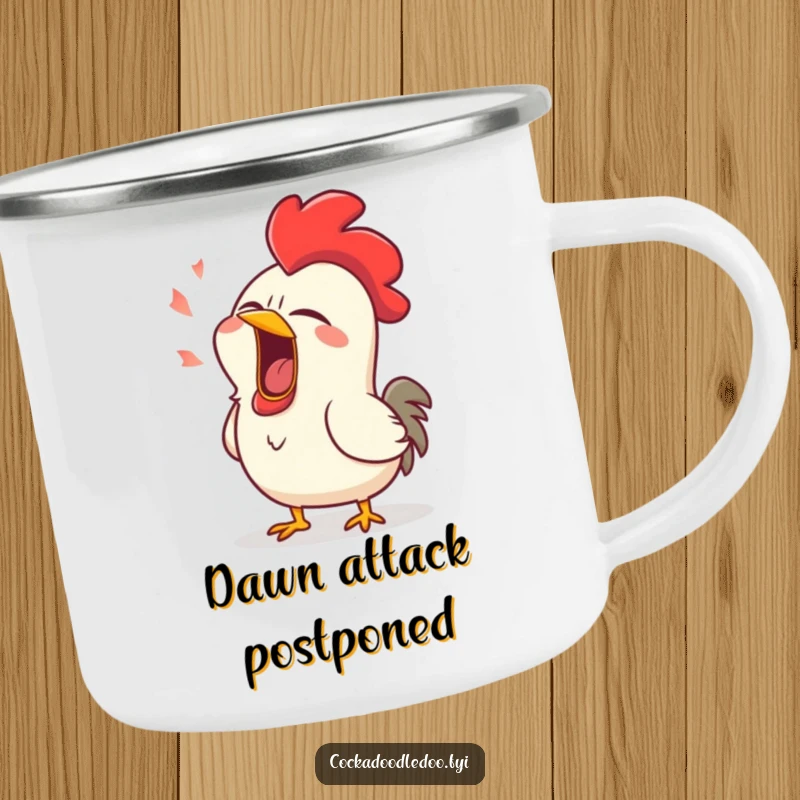 Funny enamel camping mug featuring a rooster in a massive, comical yawn, embodying the spirit of a slow morning.