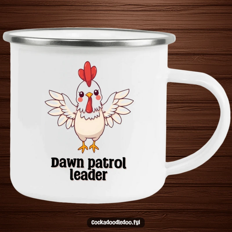 Funny kawaii rooster camping mug showing a cheerful rooster with wings spread wide in a greeting, a durable funny gift.