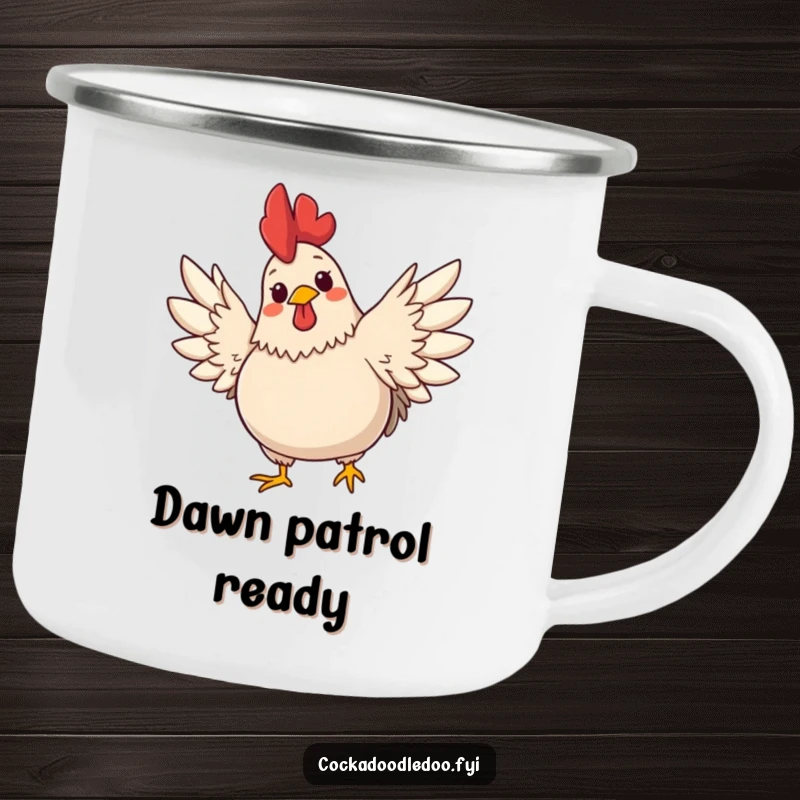 Funny camping mug: a plump, cute rooster with a cheerful expression stretching its wings wide. Ready for the great outdoors.