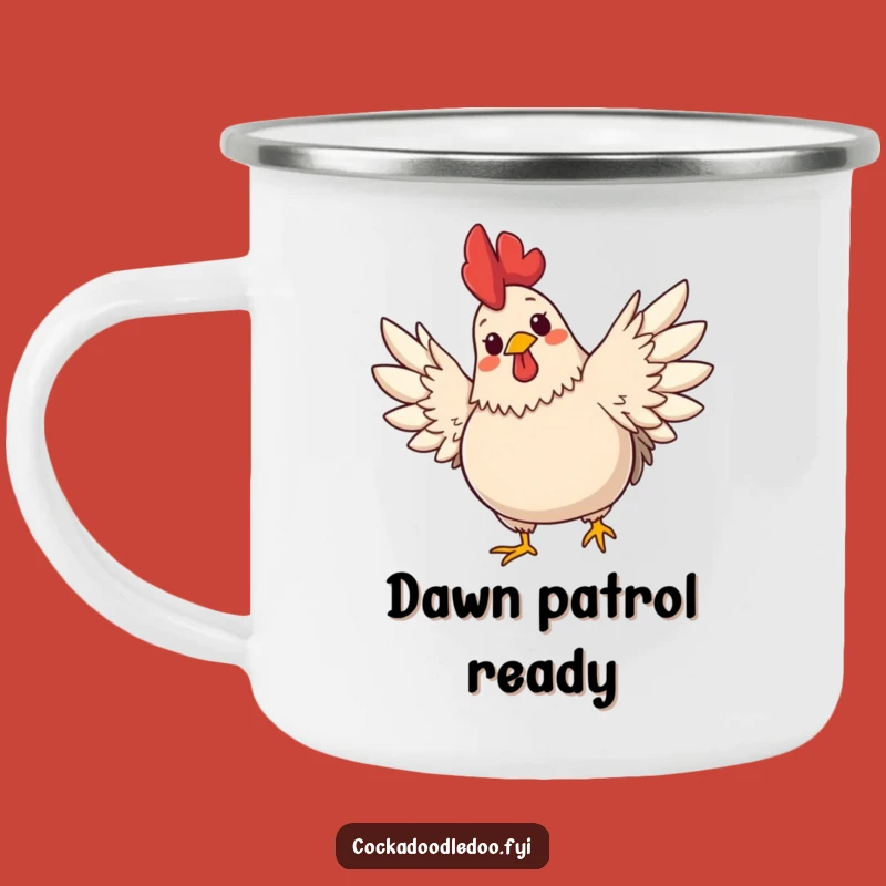 Funny Rooster Wings Camping Mug - Enamel Plump Rooster, Cheerful Expression, Outdoor Funny Gift