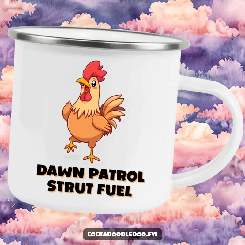 Funny Kawaii Rooster Camping Mug: Sturdy enamel mug with a cheerful rooster strutting proudly, beak wide, perfect for outdoor, humorous enjoyment.