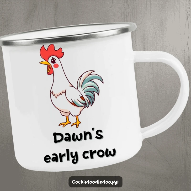 Funny Kawaii Rooster Camping Mug, neck stretched high, joyfully crowing, durable for outdoor adventures.