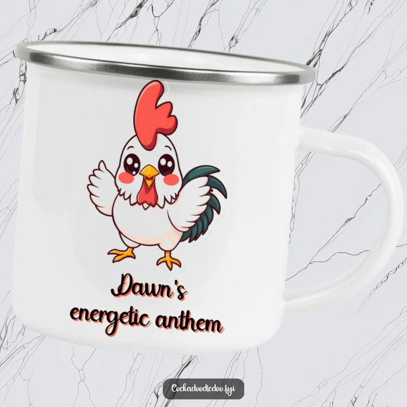 Funny kawaii rooster crowing with gusto on a sturdy camping mug, perfect for outdoor enthusiasts and cheerful mornings.