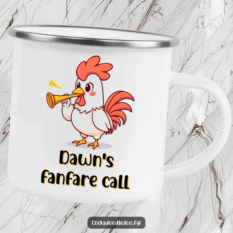 Funny rooster camping mug featuring a proud kawaii rooster character with an exaggerated stance, blowing a tiny trumpet, ready for adventure.
