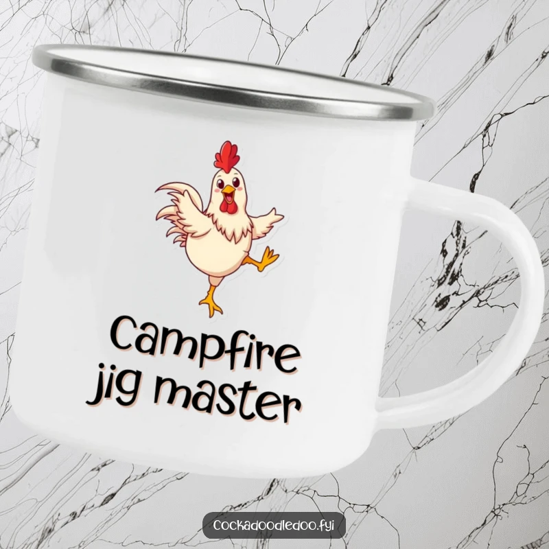 Funny rooster camping mug showing a happy rooster joyfully kicking its legs in a dance, perfect for outdoor cheer.