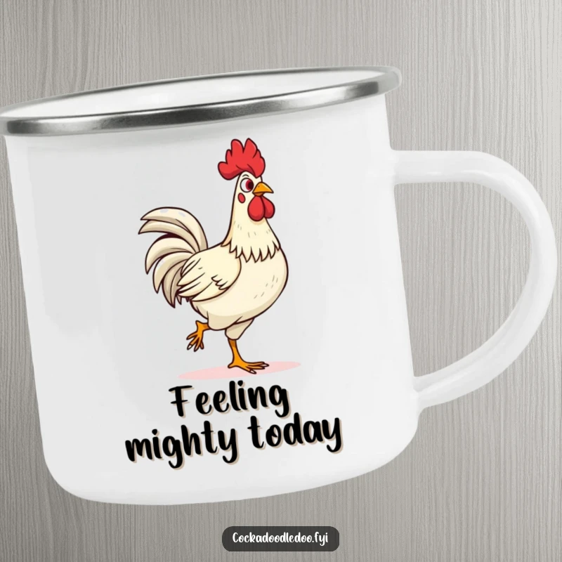 Funny confident rooster camping mug, strutting proudly with head held high. Durable and humorous for outdoor excursions, a fantastic funny gift.