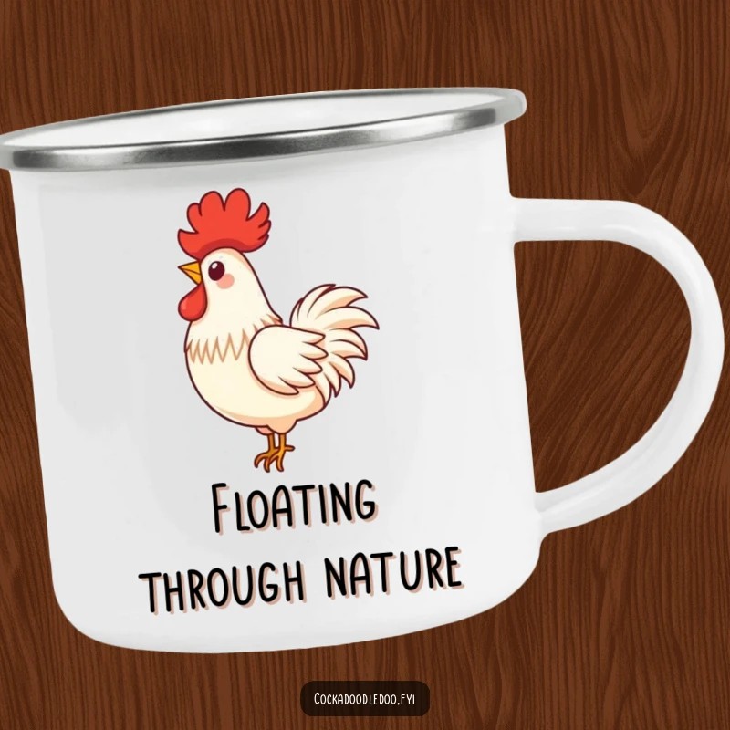 Funny camping mug with a single, proud rooster feather in a playful swirl, floating down, perfect for serene moments.