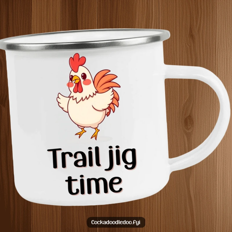 Funny happy rooster doing a little jig on a sturdy camping mug, perfect for cheerful outdoor adventures and sipping.