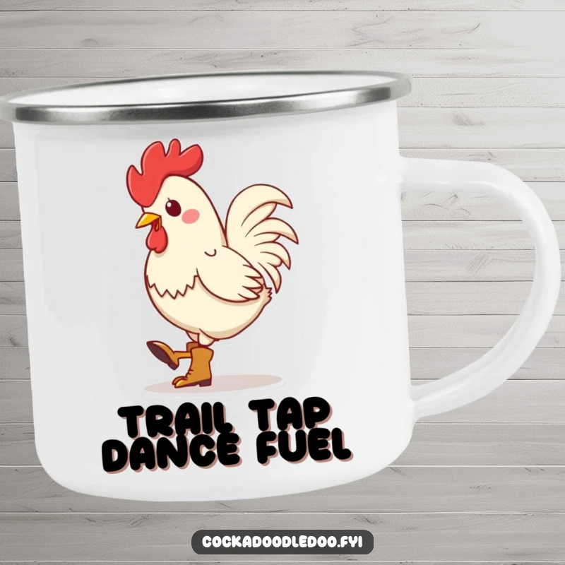 Funny Kawaii Rooster Boots Camping Mug: Sturdy mug featuring a rooster in tiny boots, rhythmically tapping its foot, for humorous outdoor enjoyment.
